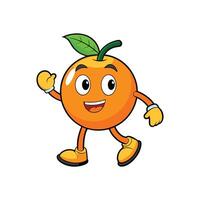 Cheerful orange fruit character walking and waving hello animation vector