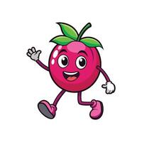 Cartoon illustration of a happy magenta fruit character running and waving with a joyful expression. graphic style, playful and bright. vector