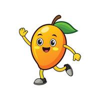 Happy mango cartoon character running and waving hello isolated vector