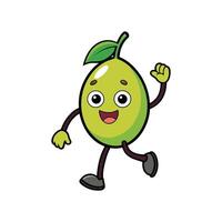 Happy green pear cartoon character running and waving hello vector