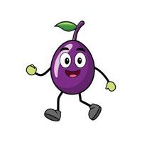Cartoon plum character walking with happy expression flat design vector