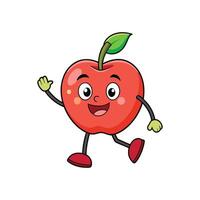A cartoon apple character walks with a cheerful expression, rendered in a flat, vibrant style suitable for childrens content. vector