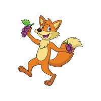 Cartoon fox character holding grapes isolated on white background vector