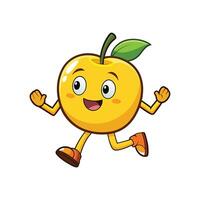 Happy yellow apple cartoon character running with cheerful expression vector