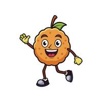 Cartoon fruit character with happy face waves its hand. Playful animation in bright colors, isolated on a white background. vector