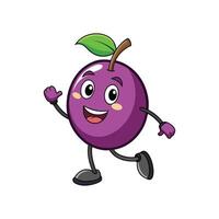 Cheerful cartoon plum character walking with a happy expression, waving hello in a playful and fun style. vector