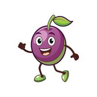 Cartoon plum character with smiling expression and walking pose vector