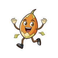 Cartoon seed character running happily with leaves floating around vector