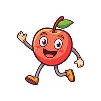 A cartoon apple character runs cheerfully, waving. It is a vibrant, stylized illustration with a playful and positive design. vector