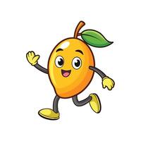 Cartoon illustration featuring a cheerful mango character running and waving, set against a clean, white background. The style is bright and playful. vector