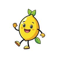 Cartoon Lemon Character Waving with Smiling Face and Leaves vector