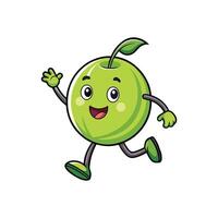 A vibrant cartoon apple character cheerfully runs, waving hello. The illustration is set against a white background in a playful style. vector