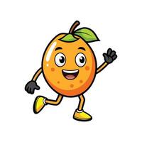 A cheerful orange cartoon character running and waving. Flat style with bold black outlines and bright colors. vector