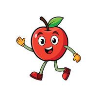 Cartoon red apple character running and waving hello cheerfully vector