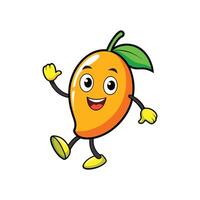 Cartoon mango character waving with friendly expression, walking forward vector