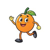Cheerful cartoon orange character waving hand while running forward vector