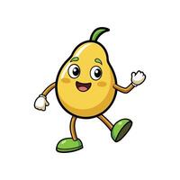 A cheerful cartoon pear character, walking and waving hello. Bold outlines and simple shapes give a fun, stylized look. vector
