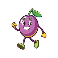 Joyful cartoon plum character cheerfully walking forward animation design vector