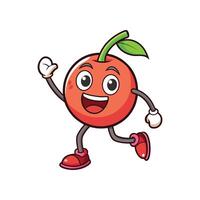 Cheerful cartoon cherry character running and waving hello isolated vector