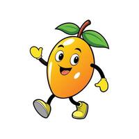 A cartoon style mango character walking with a friendly expression, set against a clean white background. Depicts healthy eating. vector