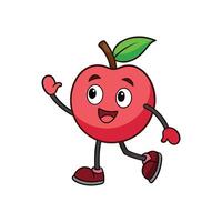 A vibrant cartoon apple character waves cheerfully, walking with a playful gait. Flat style, outlined for emphasis. vector