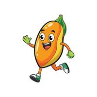 Cartoon running mango character with cheerful expression and waving hand vector
