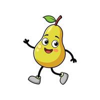 Cartoon pear character with smiling face walking and waving vector