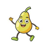 A cheerful cartoon pear character walks happily waving hello in a playful illustration style. Features bright colors and thick outlines. vector