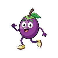 Happy purple plum cartoon character running with cheerful expression vector