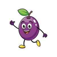 Smiling cartoon plum character greeting with a playful gesture vector