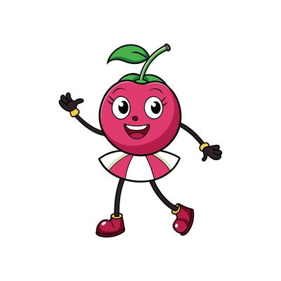 Cartoon cherry character waving with smiling face and skirt