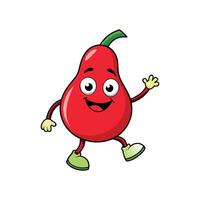 Cartoon red pear character waving happily with cheerful expression vector