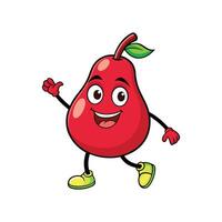 Joyful Red Pear Character Walking and Waving Hand vector