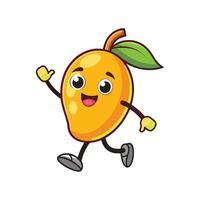 Cheerful mango character happily waves while walking forward vector