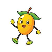 A cartoon mango character stands smiling and waving, set against a clean white backdrop. Its playful design features vibrant colors and a friendly expression. vector