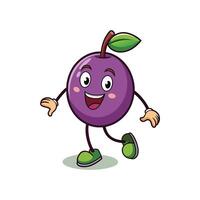 A vibrant, cartoonstyle illustration of a happy plum character walking. Rendered in a playful, colorful manner on a clean white background. vector