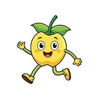 A cheerful cartoon apple character runs, smiling and waving. Flat illustration style with clean lines and bright colors. vector