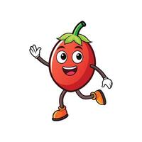 Friendly cartoon tomato character running and waving hello enthusiastically vector