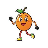 A cheerful cartoon orange character with a friendly expression is waving while walking. Flat illustration with bold outlines on a white background. vector