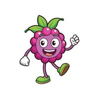 Cartoon Raspberry Character with Smiling Face and Green Leaves vector
