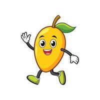 A vibrant cartoon illustration of a happy mango character running and waving hello. Isolated on white background, style. vector