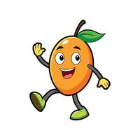 A cheerful cartoon mango character walks and waves. It is colorful, outlined, and set against a white background. vector