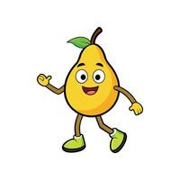 Cartoon pear character walking and waving hello cheerfully vector