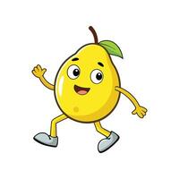Cartoon illustration of a happy yellow pear character walking and waving. The style is flat and cheerful with bright colors. vector