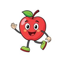 Friendly cartoon apple character walking and waving with a happy smile. Isolated on a white background in a simple, style. vector