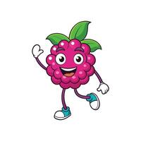 Cartoon raspberry character smiling and waving on white backdrop vector
