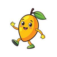 A cute cartoon mango character cheerfully waves with a bright smile. Graphic style with thick outlines isolated on white. vector