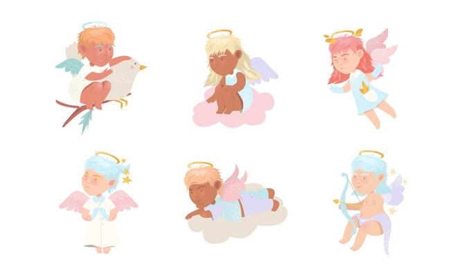 Baby angels set. Adorable cupidons with nimbus and wings cartoon illustration