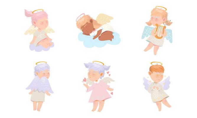 Baby angels set. Adorable lovely cupidons with nimbus and wings cartoon illustration