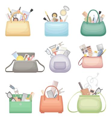 Handbags of different colors full of typical woman things and accessories set illustration